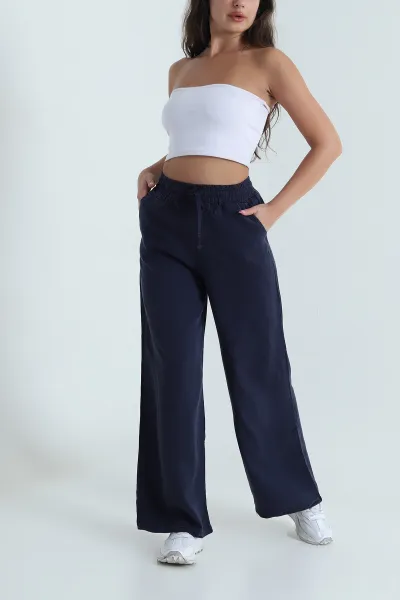Lacivert Bel Lastikli Bol Paça Tencel Kadın Pantolon 474043