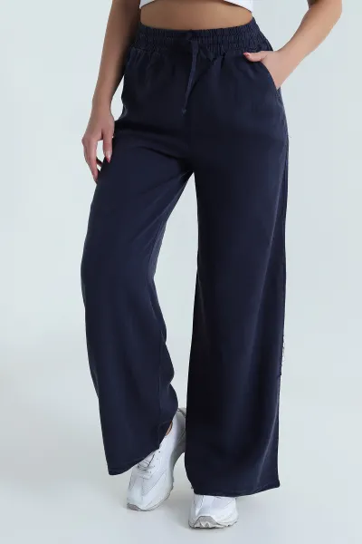 Lacivert Bel Lastikli Bol Paça Tencel Kadın Pantolon 474043