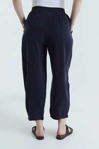 Lacivert Bel Lastikli Cepli Tencel Kadın Şalvar Pantolon 453169