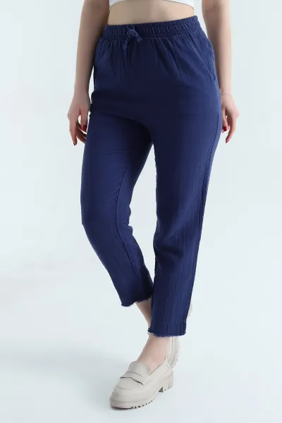 Lacivert Bel Lastikli Müslin Keten Kadın Pantolon 339873