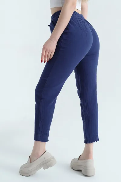 Lacivert Bel Lastikli Müslin Keten Kadın Pantolon 339873