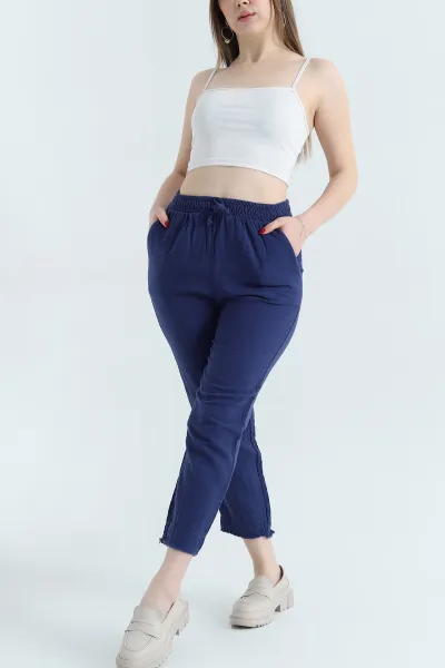 Lacivert Bel Lastikli Müslin Keten Kadın Pantolon 339873