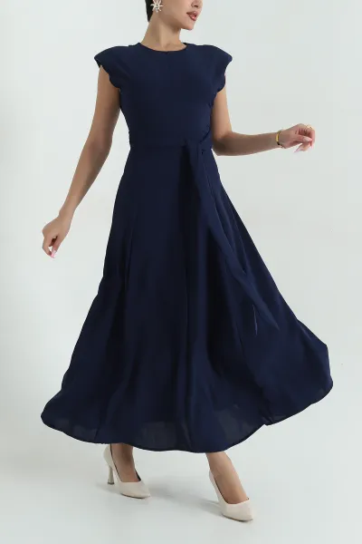 Lacivert Beli Bağlamalı Crep Kadın Elbise 376386