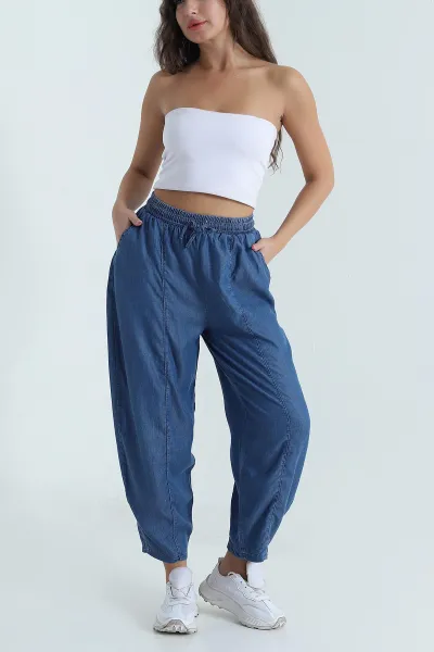 Lacivert Beli Lastikli Baggy Kadın Tensel Kot Pantolon 478698