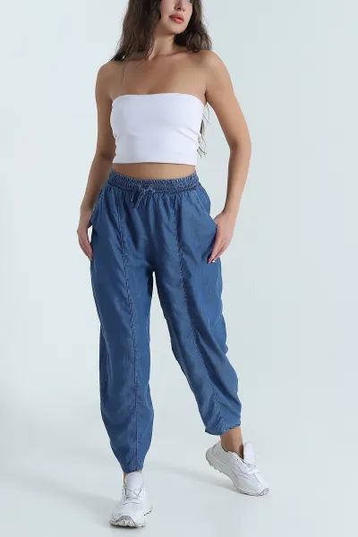 Lacivert Beli Lastikli Baggy Kadın Tensel Kot Pantolon 478698
