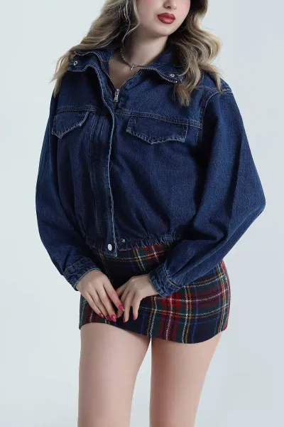 Lacivert Beli Lastikli Bomber Kadın Kot Ceket 493473