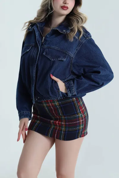 Lacivert Beli Lastikli Bomber Kadın Kot Ceket 493473