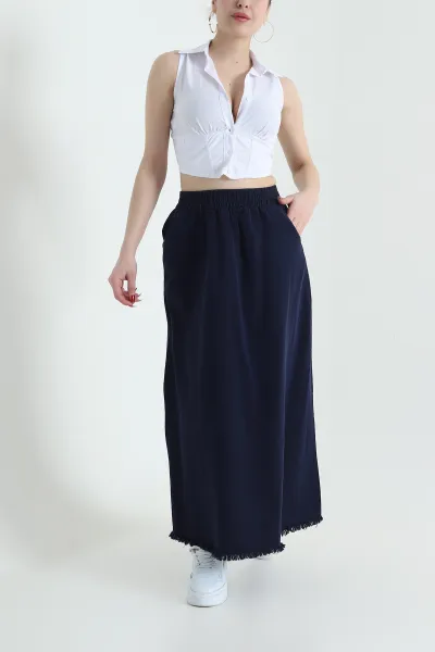 Lacivert Beli Lastikli Gabardin Kadın Etek 428736