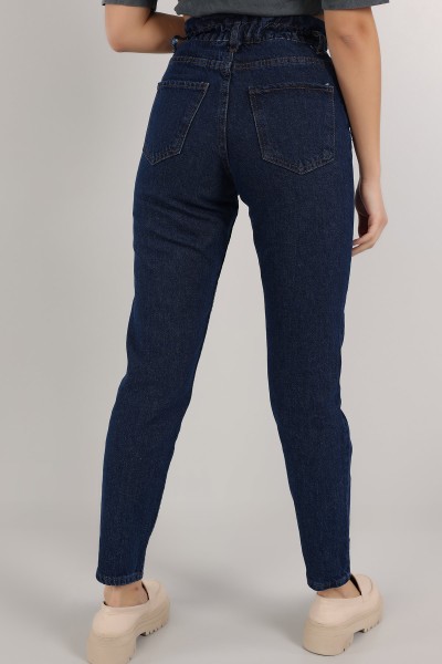 Lacivert Beli Lastikli Mom Bayan Kot Pantolon 159007