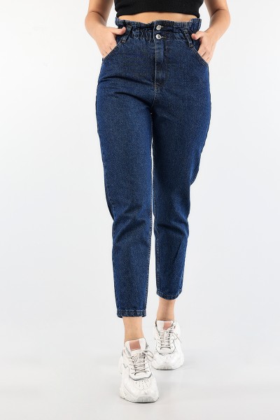 Lacivert Beli Lastikli Mom Bayan Kot Pantolon 88603