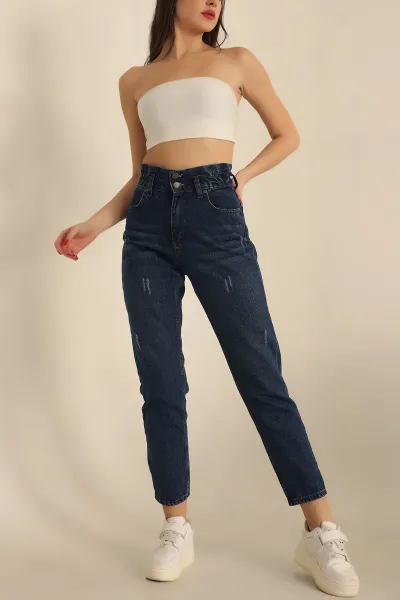 Lacivert Beli Lastikli Mom Kot Pantolon 230696