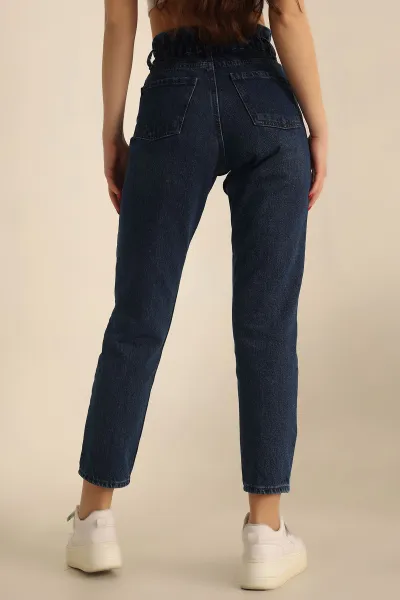 Lacivert Beli Lastikli Mom Kot Pantolon 230696