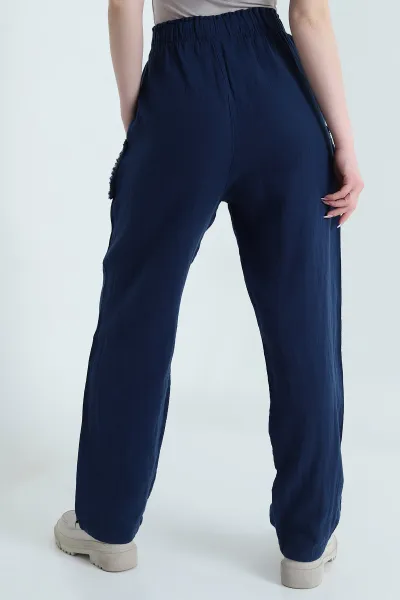 Lacivert Beli Lastikli Müslin Keten Kadın Pantolon 451555