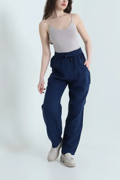 Lacivert Beli Lastikli Müslin Keten Kadın Pantolon 451555