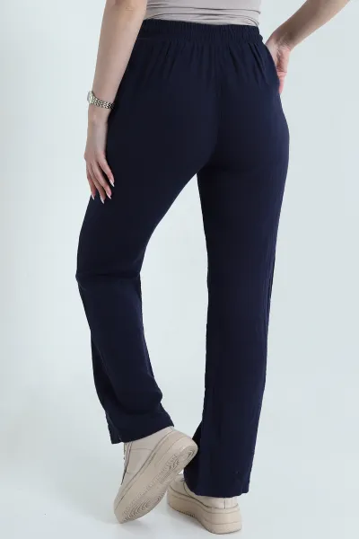 Lacivert Beli Lastikli Müslin Keten Kadın Pantolon 458100