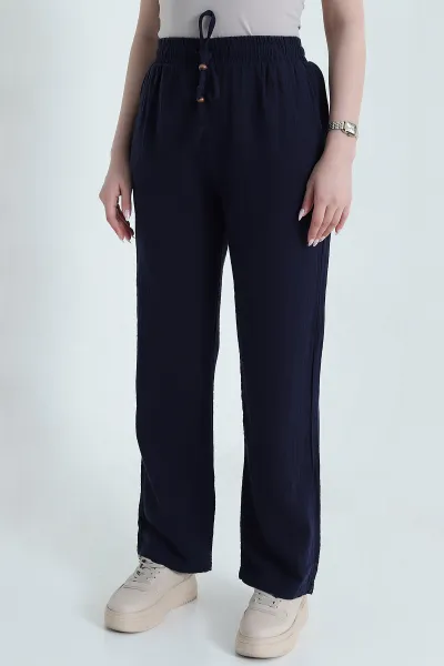 Lacivert Beli Lastikli Müslin Keten Kadın Pantolon 458100