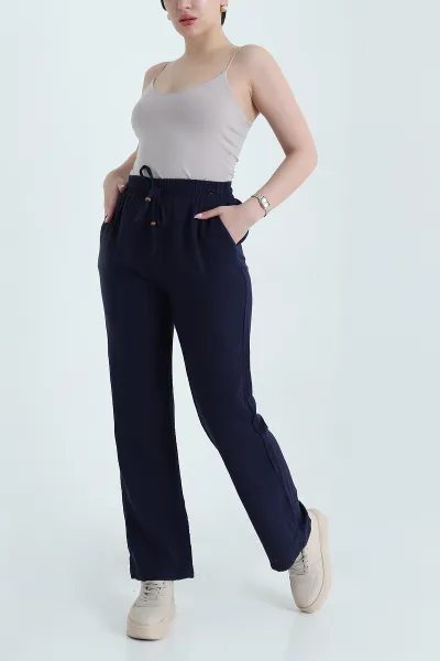 Lacivert Beli Lastikli Müslin Keten Kadın Pantolon 458100