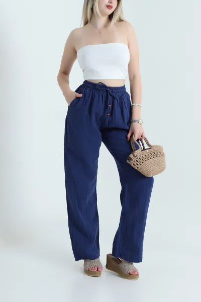 Lacivert Beli Lastikli Müslin Keten Kadın Pantolon 465950