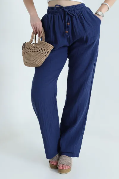 lacivert-beli-lastikli-muslin-keten-kadin-pantolon-465950