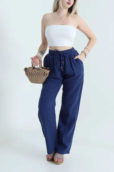 Lacivert Beli Lastikli Müslin Keten Kadın Pantolon 465950