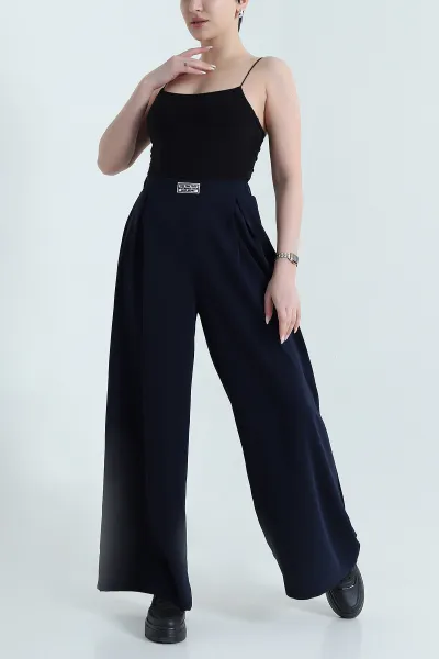 Lacivert Beli Lastikli Palazzo Kadın Poliviskon Pantolon 448559