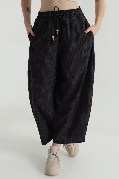 Lacivert Beli Lastikli Yeni Sezon Ekose Kadın Pantolon 499343