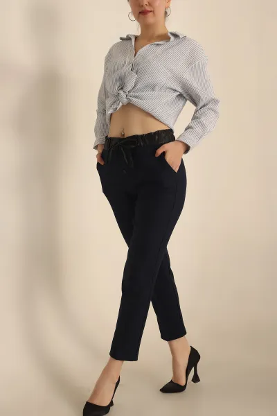 Lacivert Beli Lastikli Yün Efekt Bayan Pantolon 234367