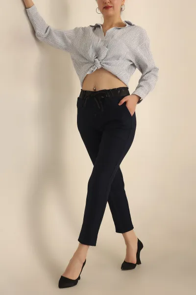 Lacivert Beli Lastikli Yün Efekt Bayan Pantolon 234367
