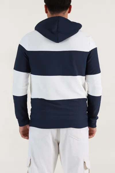 Lacivert Beyaz Cep Detaylı Yazılı Kapüşonlu Erkek Sweatshirt 396163