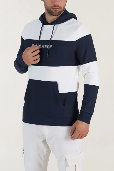 Lacivert Beyaz Cep Detaylı Yazılı Kapüşonlu Erkek Sweatshirt 396163