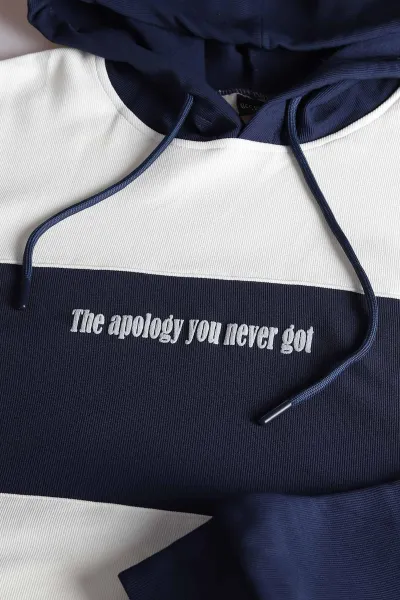 Lacivert Beyaz Cep Detaylı Yazılı Kapüşonlu Erkek Sweatshirt 396163