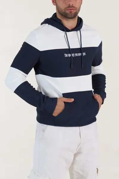 Lacivert Beyaz Cep Detaylı Yazılı Kapüşonlu Erkek Sweatshirt 396163