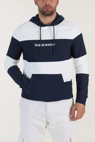 Lacivert Beyaz Cep Detaylı Yazılı Kapüşonlu Erkek Sweatshirt 396163
