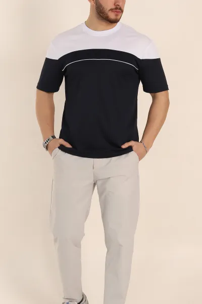Lacivert Beyaz Çift Renk Regular Fit Jakarlı Erkek Tişört 346247