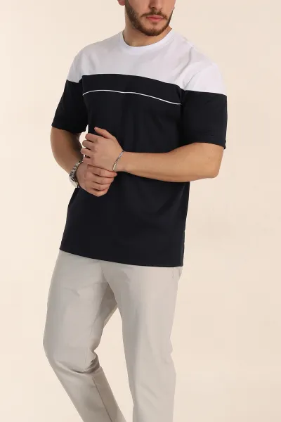 Lacivert Beyaz Çift Renk Regular Fit Jakarlı Erkek Tişört 346247