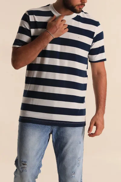 Lacivert Beyaz Çizgili Relaxed Fit Erkek Triko Tişört 279241