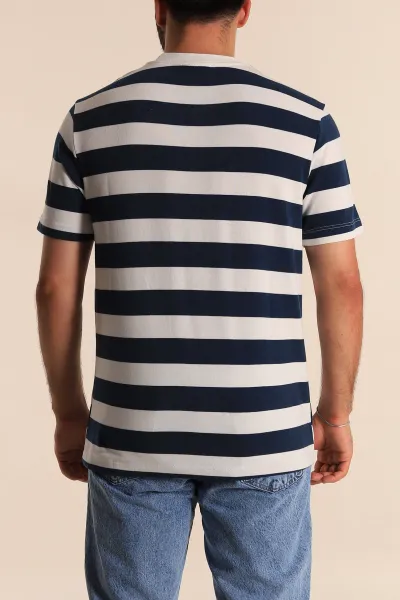 Lacivert Beyaz Çizgili Relaxed Fit Erkek Triko Tişört 279241