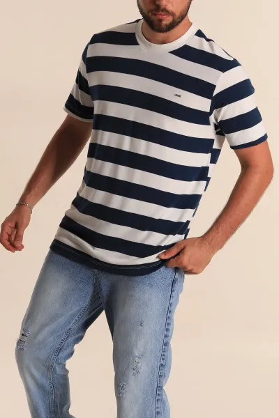 Lacivert Beyaz Çizgili Relaxed Fit Erkek Triko Tişört 279241