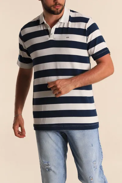 Lacivert Beyaz Çizgili Relaxed Fit Polo Yaka Erkek Triko Tişört 279236