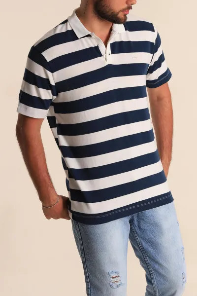 Lacivert Beyaz Çizgili Relaxed Fit Polo Yaka Erkek Triko Tişört 279236