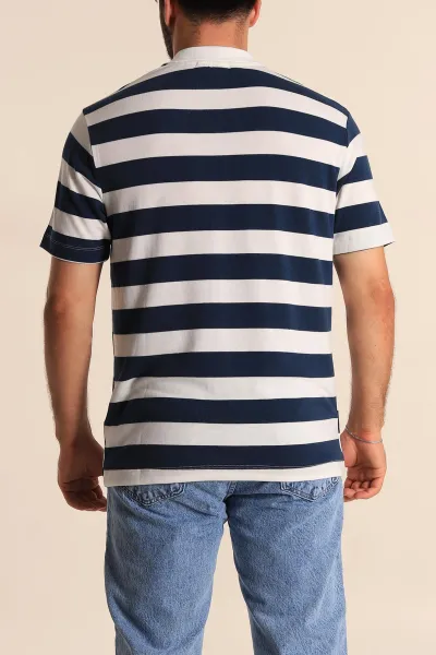 Lacivert Beyaz Çizgili Relaxed Fit Polo Yaka Erkek Triko Tişört 279236