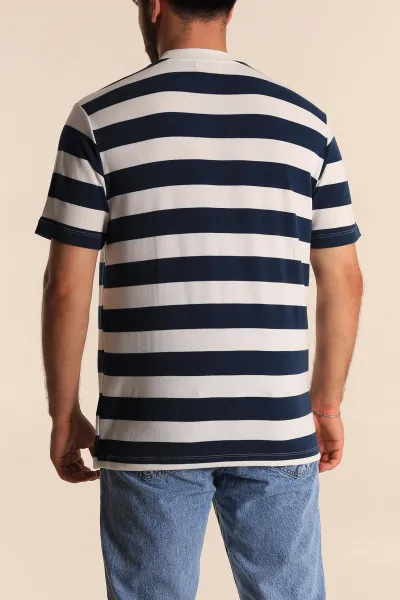 Lacivert Beyaz Çizgili Relaxed Fit Yazı Detay Erkek Triko Tişört 279246