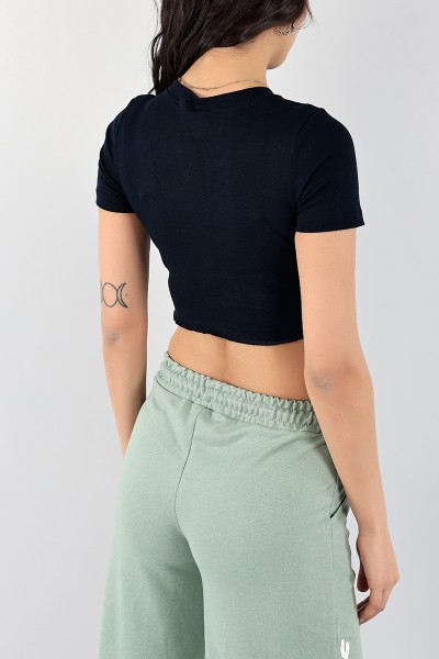 Lacivert Bisiklet Yaka Fitilli Crop 97053