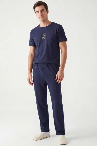 Lacivert Bisiklet Yaka Kısa Kollu Erkek Pijama Takımı 442406