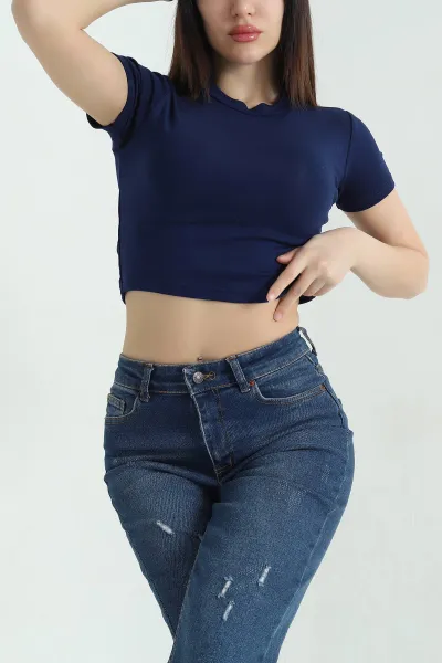 Lacivert Bisiklet Yaka Likralı Viskon Crop Bluz 357327