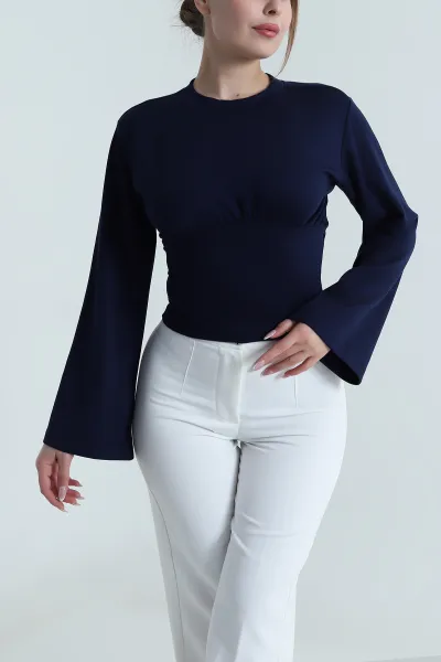 Lacivert Bisiklet Yaka Likralı Vortex Kadın Bluz 486648