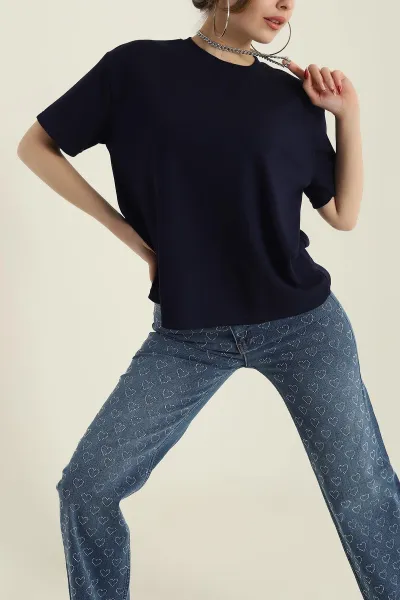 Lacivert Bisiklet Yaka Modal Kadın Tişört 425801
