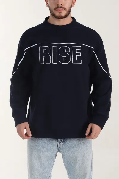 Lacivert Bisiklet Yaka Polar Kumaş Yazı Detaylı Erkek Sweatshirt 404254