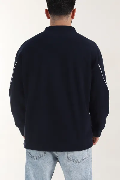 Lacivert Bisiklet Yaka Polar Kumaş Yazı Detaylı Erkek Sweatshirt 404254