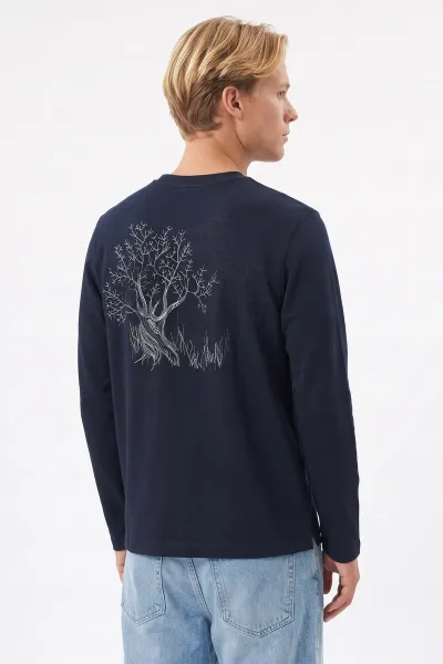 Lacivert Bisiklet Yaka Sırt Nakış Detaylı Erkek Sweatshirt 491992